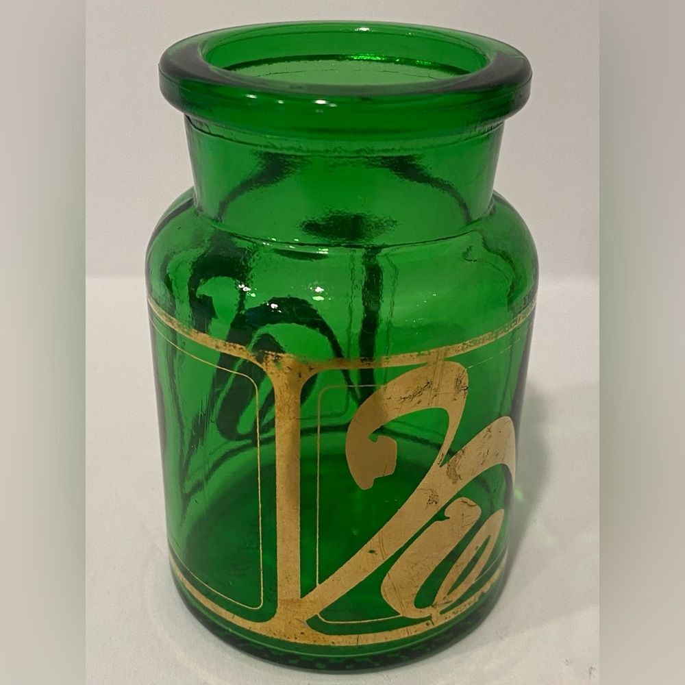 Vintage Belgian Emerald Green Glass Apothecary Jar with Gold Detail